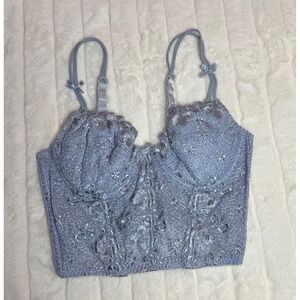 Vintage 90s Victoria's Secret Bustier Top Womens 34B Blue Good Lace Floral Bows